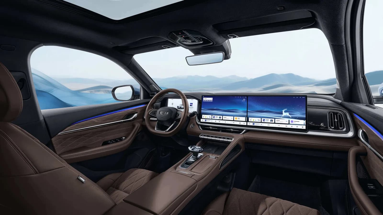 Салон Geely Monjaro 2026: приборная панель и сдвоенный экран мультимедиа